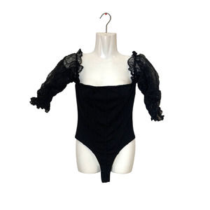 Women's Kaylee Kollection Lace Sleeve Bodysuit Black Size S